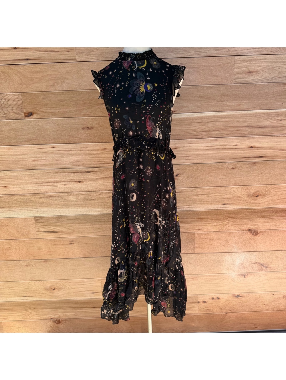 Zara Woman Black Celestial Print Midi Dress with Ruffle Details